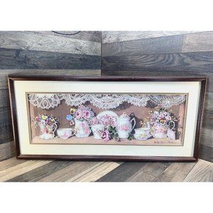 Vintage Sandy Lynam Clough Framed Embroidered Art Signed Teacups Teapots Lace